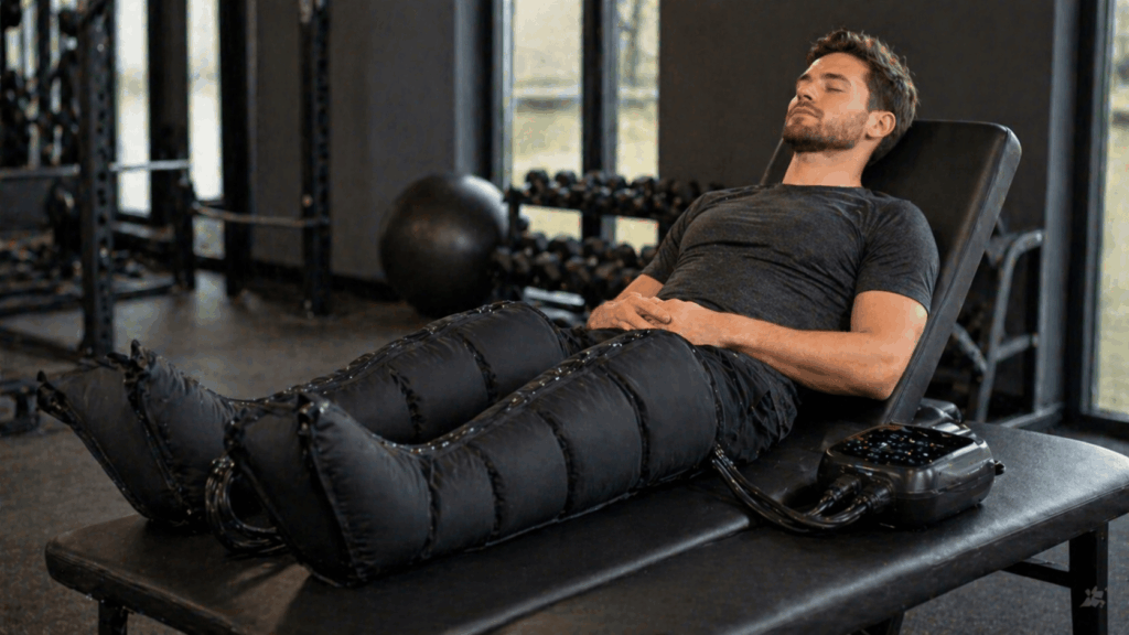 an athlete wearing his compression boots