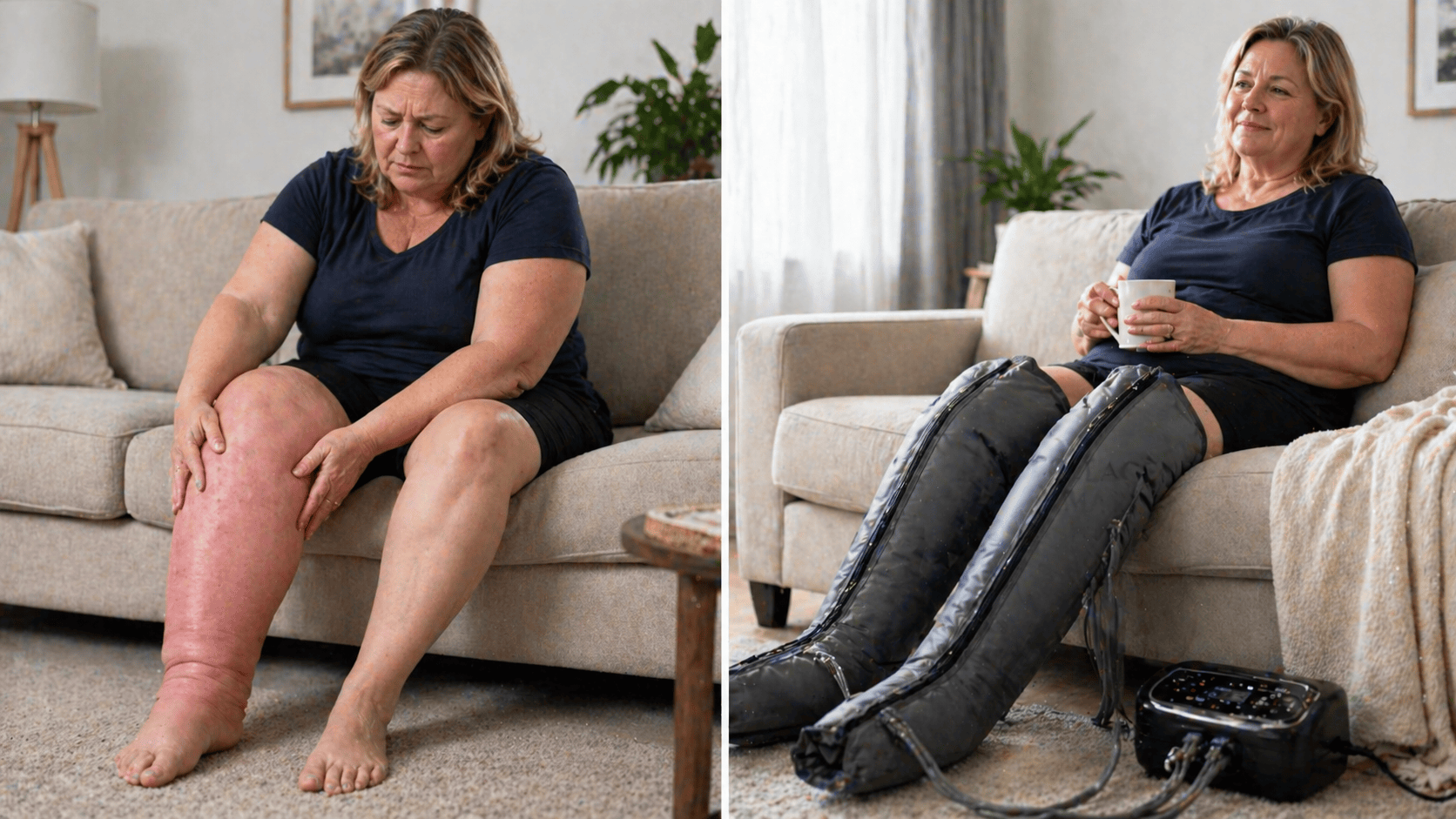 A woman wA woman with lymphedema wearing her compression bootsith lymphedema wearing her compression boots