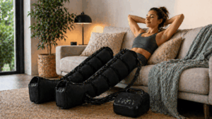 a woman wearing compression boots to improve blood circulation