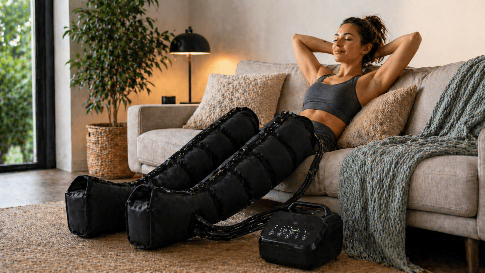 a woman wearing compression boots to improve blood circulation
